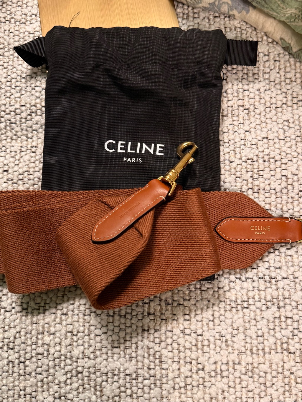 Celine Bag Strap In Brown Textile And Calfskin